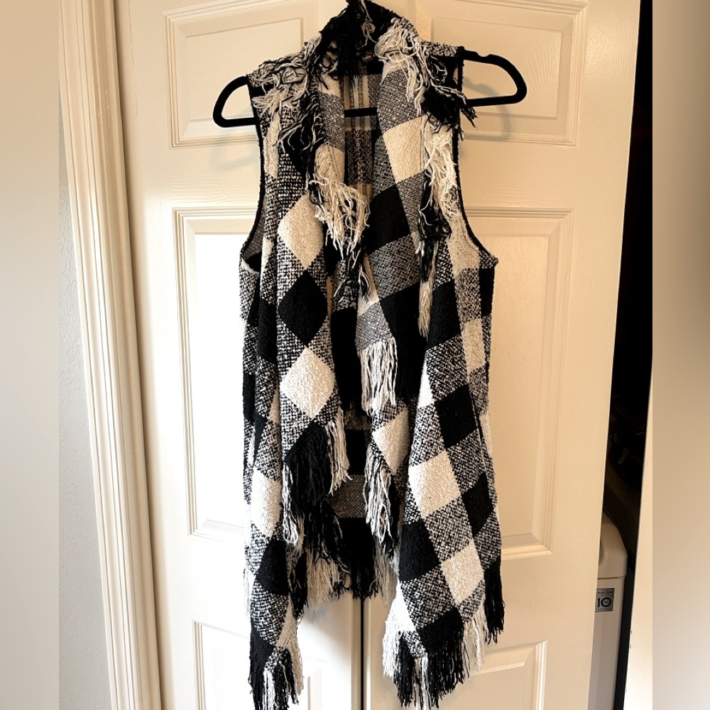 coat vest with fringe, black and white, XL